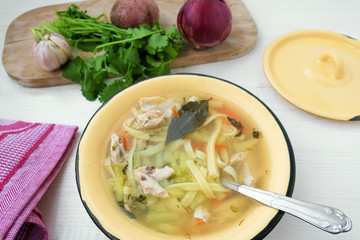 Appetizing chicken soup with noodles, with the addition of potatoes, carrot greens and bay leaf.