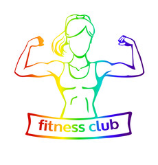 Vector illustration with strong woman doing bicep curl. Fitness club logo template with a place for your name or inscription. Colorful female silhouette isolated on white background.