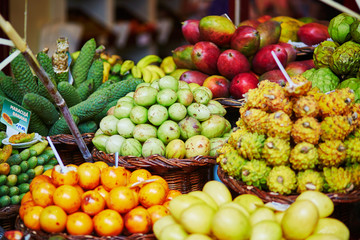 Exotic fruits on farmer market in Funchal, Madeira, Portugal