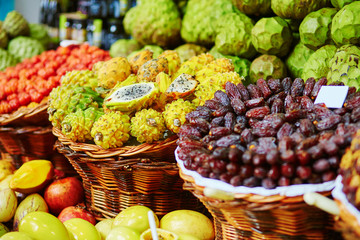 Exotic fruits on farmer market in Funchal, Madeira, Portugal