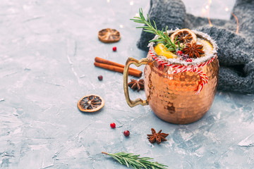 Mulled wine with lemon and spices. Christmas drink. Copy space