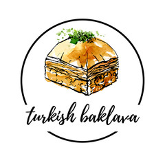 Vector illustration of turkish delight Baklava with walnut in circle composition. Hand drawn dessert with black outline and bright watercolor texture. Logo or banner design for cafe menu design