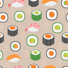 Sushi set seamless pattern. Rolls endless background. Japanese cuisine repetitive texture. Backdrop, wallpaper. Vector illustration