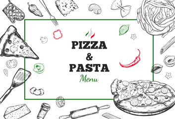 Pizza and Pasta vector Menu cover. Design template with different hand drawn illustrations