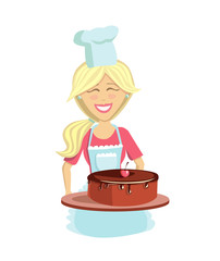 Culinary vector illustration in flat style. Happy young woman in chef hat and apron with delicious chocolate cherry cake. Isolated character on white background. 