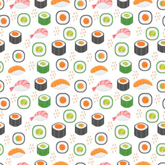 Sushi set seamless pattern. Rolls endless background. Japanese cuisine repetitive texture. Backdrop, wallpaper. Vector illustration