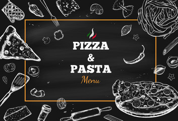 Pizza and Pasta vector Menu cover. Design template with different hand drawn illustrations