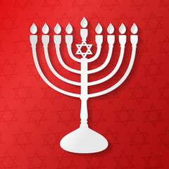 Silver menorah - icon on red background. Vector.