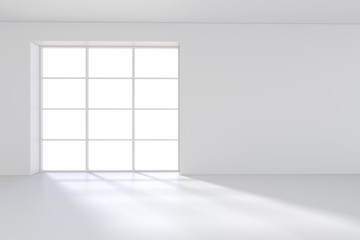 Large window in white room with a bright light. 3D rendering.
