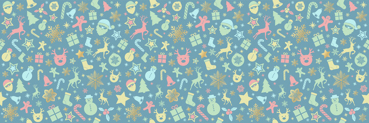 Pastel coloured Christmas pattern with cute icons. Vector.