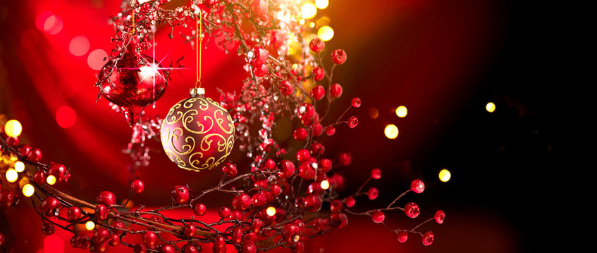 Christmas And New Year Red Decoration. Abstract Blinking Holiday Background