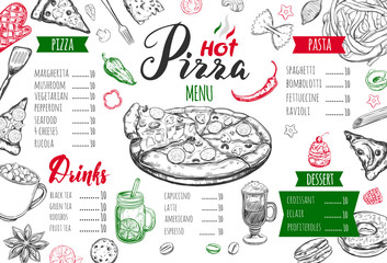 Italian food menu for restaurant and cafe. Pizza and Pasta vector concept. Design template with different hand drawn illustrations and handwritten Lettering