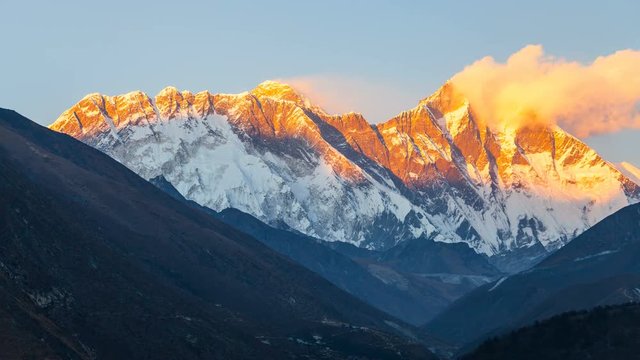 Timelapse of Golden Everest, Himalayas, landscape between way to Everest Base Camp,Nepal.Snow capped mountain top highest in the world.