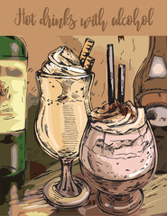 Hand drawn vector illustration delicious hot drinks with alcohol. Retro template. Sketch.