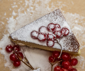 Cheesecake decorated with icing sugar and a sprig of viburnum