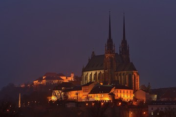 Fototapeta na wymiar City Brno, Czech Republic - Europe. Night Photography. Petrov - St. Peters and Paul church Urban old architecture. 