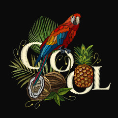 Embroidery parrot, humming bird, palm tree leaves, pineapple, coconut tropical art. Cool slogan. Fashionable embroidery tropical summer background. Template for design of clothes