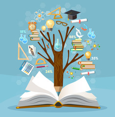 Education, tree of knowledge and open book, effective modern education template design. Back to school concept