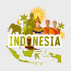 Travel to Indonesia. Traditions and culture,  Welcome to Indonesia. Collection of symbolic elements. Template indonesian travel background