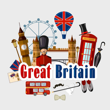 Travel to Great Britain. Traditions and culture,  Welcome to England. Collection of symbolic elements. Template travel background