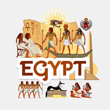 Travel to Ancient Egypt. Traditions and culture,  Welcome to Ancient Egypt. Collection of symbolic elements. Template travel background