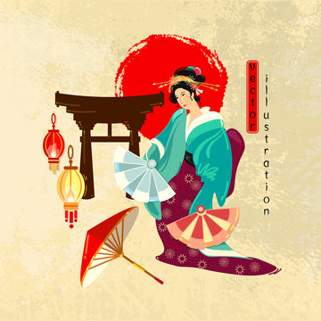 Travel to Japan. Collection of symbolic elements. Geisha. Template tradition and culture japanese travel background