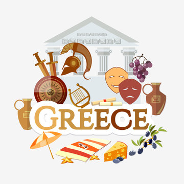 Travel to Greece. Traditions and culture,  Welcome to Greece. Collection of symbolic elements. Template travel background