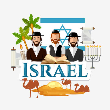 Travel to Israel. Traditions and culture,  Welcome to Israel. Collection of symbolic elements. Template travel background