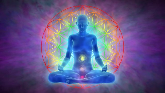 Meditation - woman with aura, chakra activation and enlightenment of mind and symbol flower of life, animation with uhd / 4k resolution