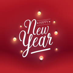 Happy New Year greeting card typography flyer template with lettering. Poster, card, label, banner and reindeer design. Vector illustration