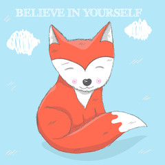 Cute little red fox in blue dress cartoon hand drawn vector illustration. Can be used for baby t-shirt print, fashion print design, kids wear, shower celebration greeting and invitation card.