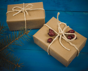 Rustic gift box with kraft paper. Christmas gift.
