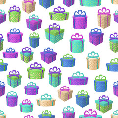Holiday Seamless Pattern, Festive Colorful Gift Boxes Isolated on Tile White Background. Vector
