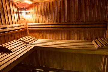 Interior of a wooden bed in a home sauna