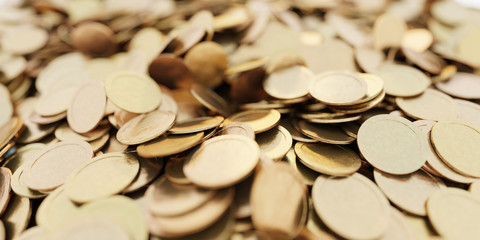 Infinite golden coins horizontal background, realistic texture, original 3d rendering background