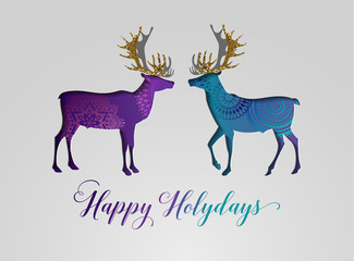 Happy holidays greeting card, two reindeer with golden glitter antlers,  eps10 vector