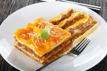 close-up of portion of classic lasagna