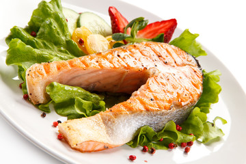 Grilled salmon on white background