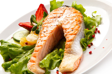 Grilled salmon on white background