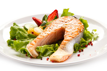 Grilled salmon on white background