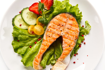 Grilled salmon on white background