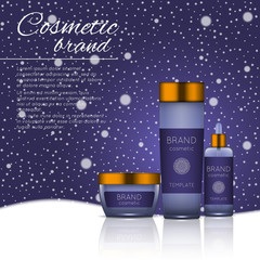 Vector 3D cosmetic illustration on a winter snowing background. Beauty realistic cosmetic product design template.