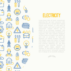 Electricity concept with thin line icons: electrician, bulb, pylon, toolbox, cable, electric car, hand, solar battery. Vector illustration for banner, web page, print media.