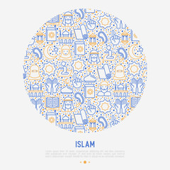 Islamic concept in circle with thin line icons: mosque, carpet, rosary, prayer, koran, moslem. Modern vector illustration, template for web page.