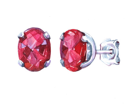 ruby earrings luxury decoration Watercolor illustration isolated on white background