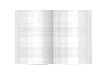 Opened vertical magazine with metallic silver clamp, brochure or notebook template on white background. 3d illustration for your design. Vector mock up. Cell lined notebook