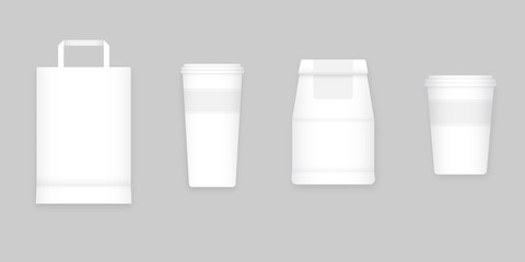 Coffee to go white blank mockups isolated on gray background, vector illustration. Small and big cappuccino cups, paper bags with place for logo. Graphic design elements for coffee shop.
