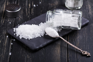 Glass salt shakers with sea salt coarse and fine