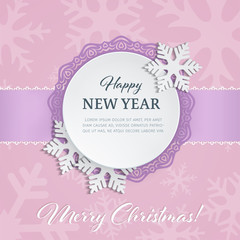 Cutout paper round label with ornamental frame and 3d snowflakes on the pink winter background with snowflake silhouettes. Merry Chrismas and Happy New Year text design. Vector Illustration.