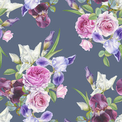 Floral seamless pattern with watercolor roses and irises
